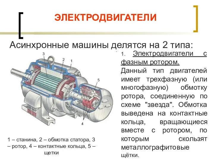 ЭЛЕКТРОДВИГАТЕЛИ Асинхронные машины делятся на 2 типа: 1 – станина, 2 –