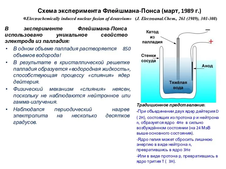 Схема эксперимента Флейшмана-Понса (март, 1989 г.) «Electrochemically induced nuclear fusion of deuterium»