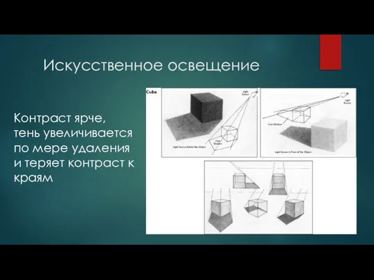 Искусственное освещение Контраст ярче, тень увеличивается по мере удаления и теряет контраст к краям