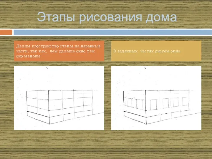 Этапы рисования дома Делим пространство стены на неравные части, так как, чем