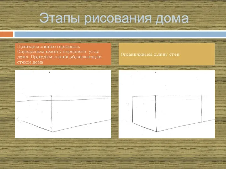 Этапы рисования дома Проводим линию горизонта. Определяем высоту переднего угла дома. Проводим