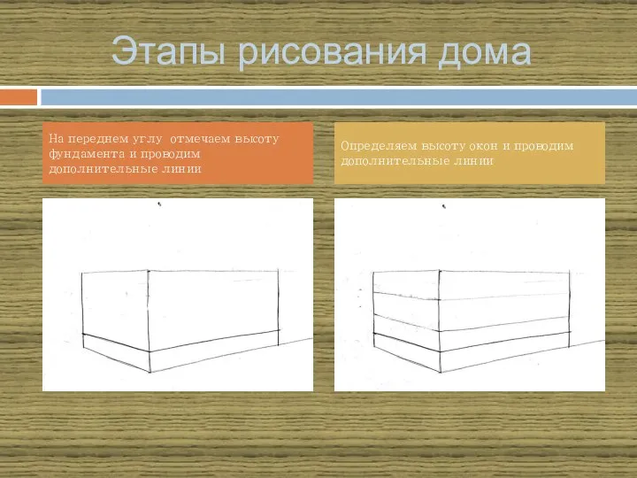 Этапы рисования дома На переднем углу отмечаем высоту фундамента и проводим дополнительные