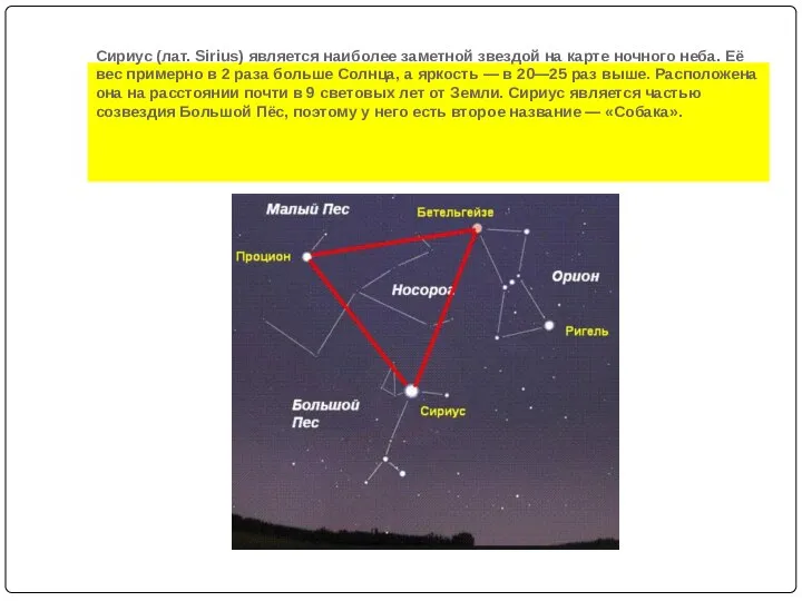Сириус (лат. Sirius) является наиболее заметной звездой на карте ночного неба. Её