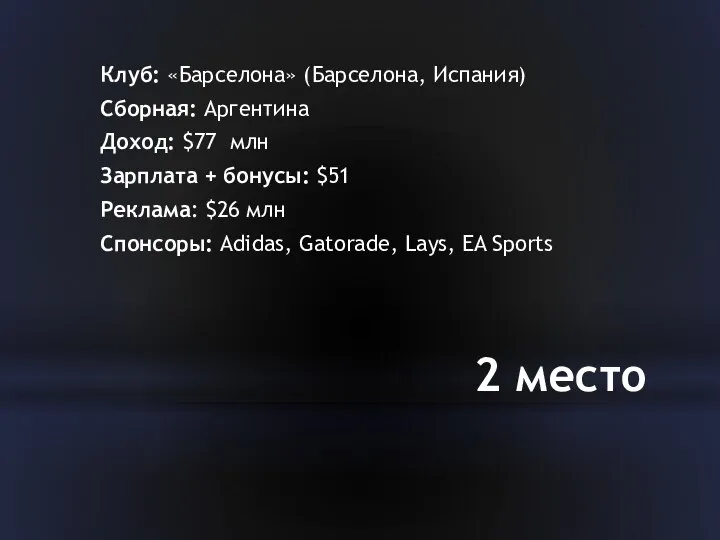 2 место Клуб: «Барселона» (Барселона, Испания) Сборная: Аргентина Доход: $77 млн Зарплата