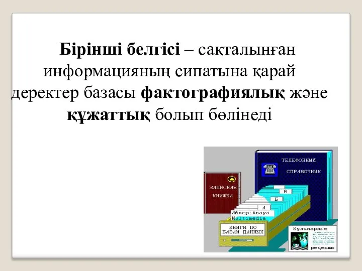 Бірінші белгісі – сақталынған информацияның сипатына қарай деректер базасы фактографиялық және құжаттық болып бөлінеді