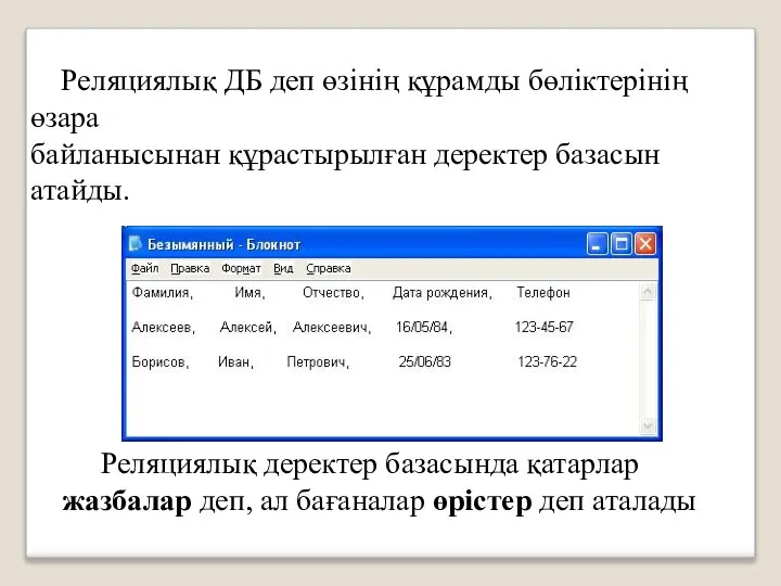 Реляциялық ДБ деп өзінің құрамды бөліктерінің өзара байланысынан құрастырылған деректер базасын атайды.