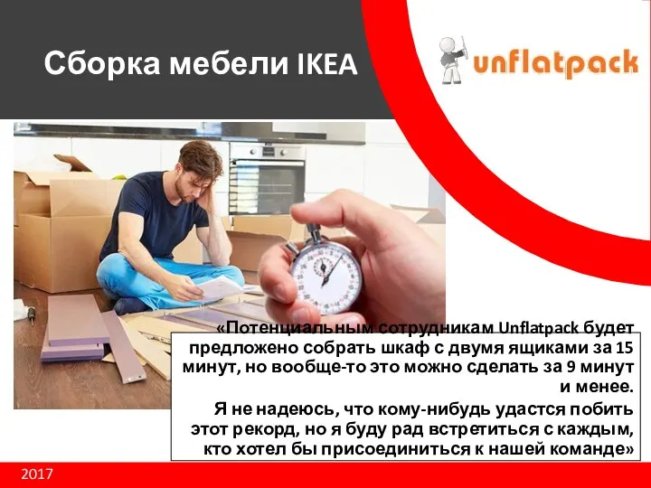 2017 Сборка мебели IKEA «Потенциальным сотрудникам Unflatpack будет предложено собрать шкаф с