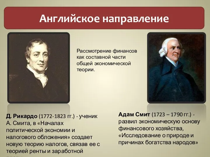 Английское направление Д. Рикардо (1772-1823 гг.) - ученик А. Смита, в «Началах