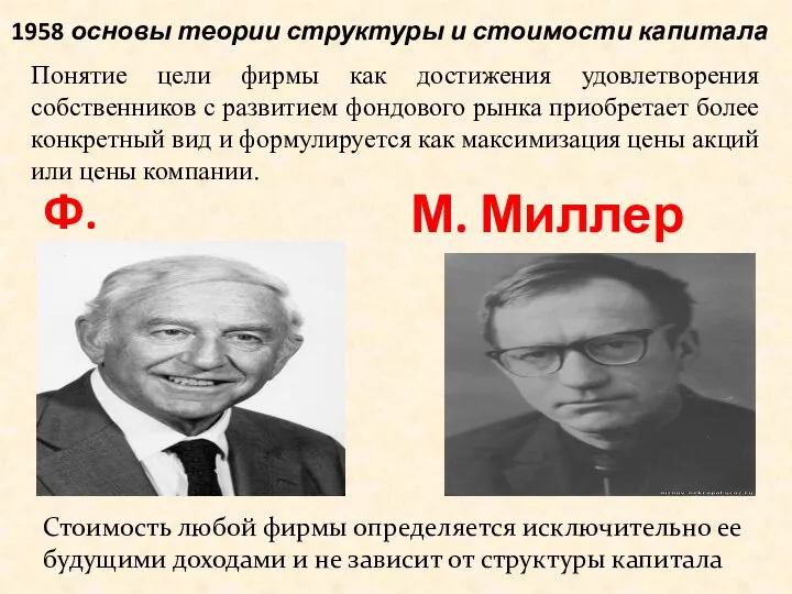 1958 основы теории структуры и стоимости капитала Ф. Модильяни М. Миллер Стоимость