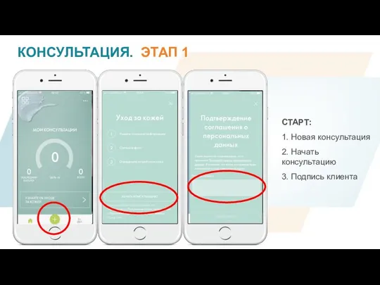 КОНСУЛЬТАЦИЯ. ЭТАП 1 СТАРТ: 1. Новая консультация 2. Начать консультацию 3. Подпись клиента