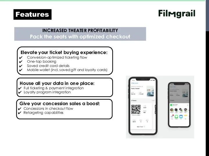 Features INCREASED THEATER PROFITABILITY Pack the seats with optimized checkout Elevate your