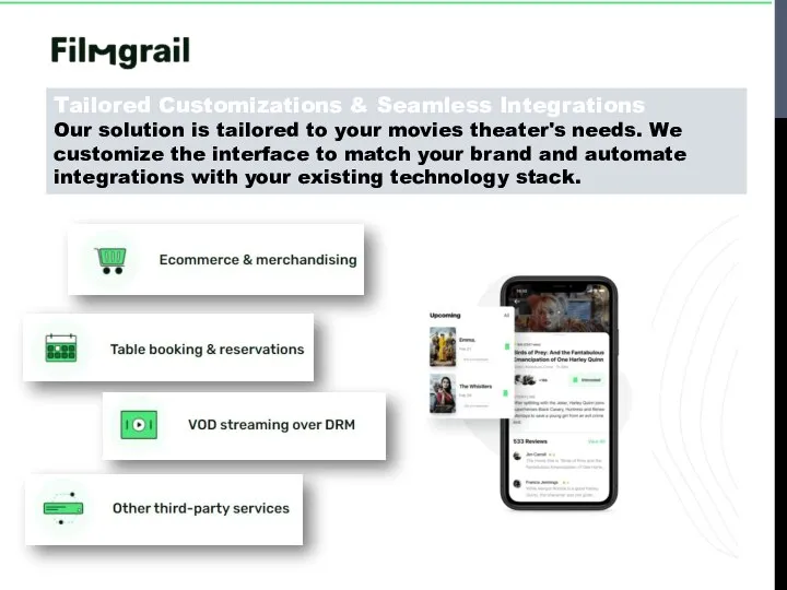 Tailored Customizations & Seamless Integrations Our solution is tailored to your movies