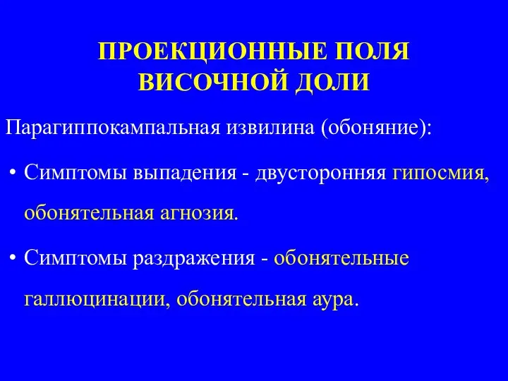 ПРОЕКЦИОННЫЕ ПОЛЯ ВИСОЧНОЙ ДОЛИ Парагиппокампальная извилина (обоняние): Симптомы выпадения - двусторонняя гипосмия,