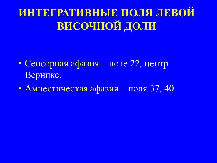 ИНТЕГРАТИВНЫЕ ПОЛЯ ЛЕВОЙ ВИСОЧНОЙ ДОЛИ Сенсорная афазия – поле 22, центр Вернике.