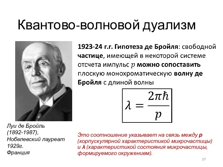 Квантово-волновой дуализм Луи де Бройль (1892-1987), Нобелевский лауреат 1929г. Франция Это соотношение