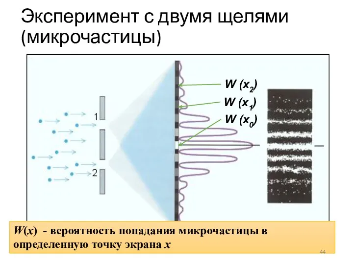 Эксперимент с двумя щелями (микрочастицы) W (x1) W (x2) W (x0) W(x)