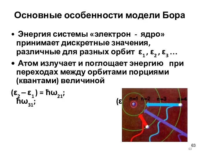 Основные особенности модели Бора Энергия системы «электрон - ядро» принимает дискретные значения,