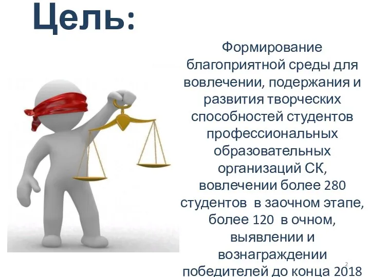 Цель: Формирование благоприятной среды для вовлечении, подержания и развития творческих способностей студентов