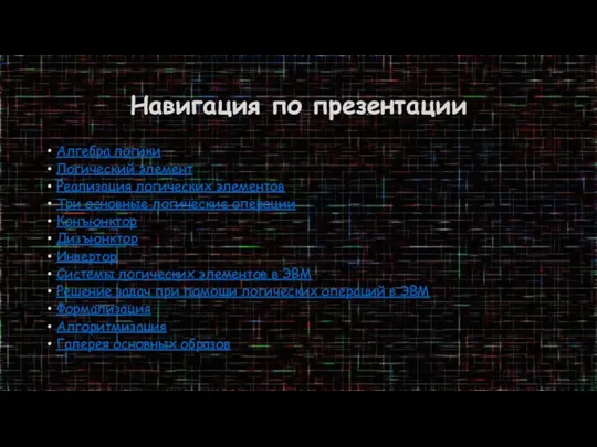 Навигация по презентации Алгебра логики Логический элемент Реализация логических элементов Три основные