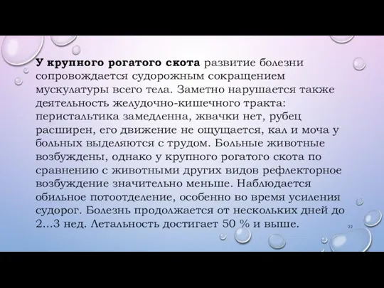 У крупного рогатого скота развитие болезни сопровождается судорожным сокращением мускулатуры всего тела.