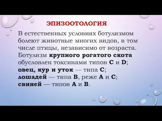 ЭПИЗООТОЛОГИЯ В естественных условиях ботулизмом болеют животные многих видов, в том числе