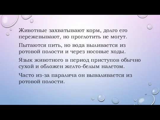 Животные захватывают корм, долго его пережевывают, но проглотить не могут. Пытаются пить,