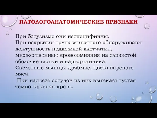 ПАТОЛОГОАНАТОМИЧЕСКИЕ ПРИЗНАКИ При ботулизме они неспецифичны. При вскрытии трупа животного обнаруживают желтушность