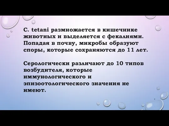 С. tetani размножается в кишечнике животных и выделяется с фекалиями. Попадая в