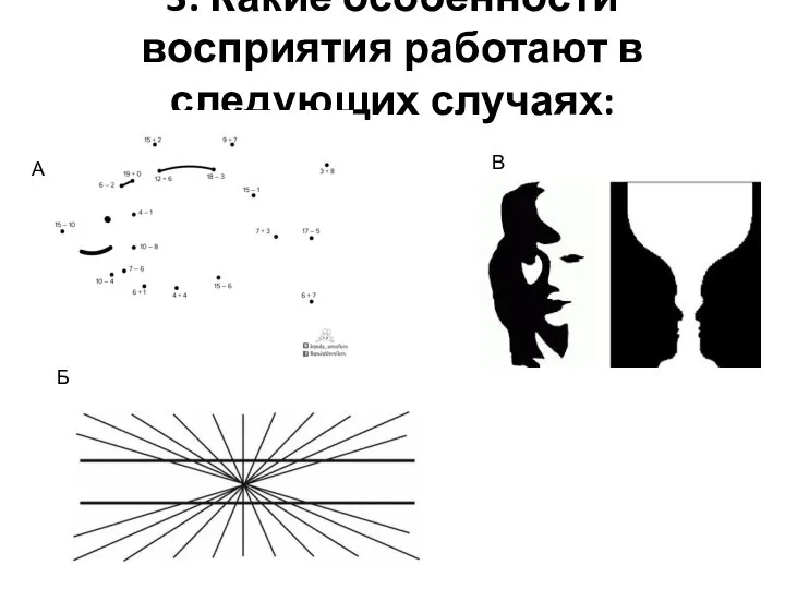 3. Какие особенности восприятия работают в следующих случаях: А Б В