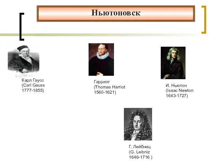 Ньютоновск Карл Гаусс (Carl Gauss 1777-1855) Гарриот (Thomas Harriot 1560-1621) И. Ньютон