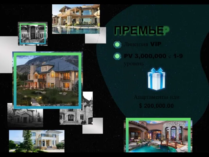 ПРЕМЬЕР Лицензия VIP PV 3,000,000 с 1-9 уровень Апартаменты или $ 200,000.00
