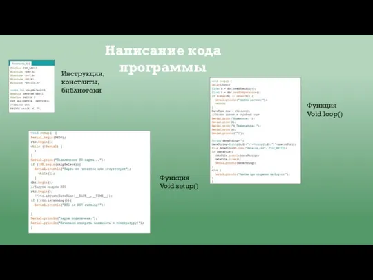 Написание кода программы Инструкции, константы, библиотеки Функция Void setup() Функция Void loop()