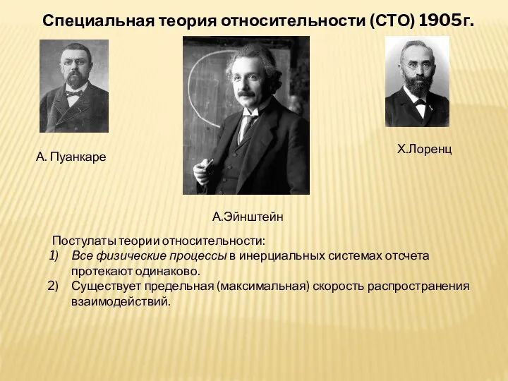 Специальная теория относительности (СТО) 1905г. А.Эйнштейн А. Пуанкаре Х.Лоренц Постулаты теории относительности: