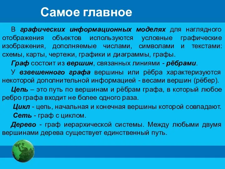 Самое главное В графических информационных моделях для наглядного отображения объектов используются условные