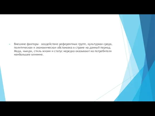 Внешние факторы – воздействие референтных групп, культурная среда, политическая и экономическая обстановка