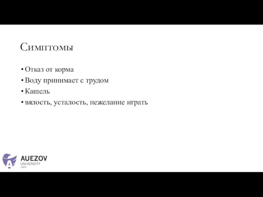 Симптомы Отказ от корма Воду принимает с трудом Кашель вялость, усталость, нежелание играть