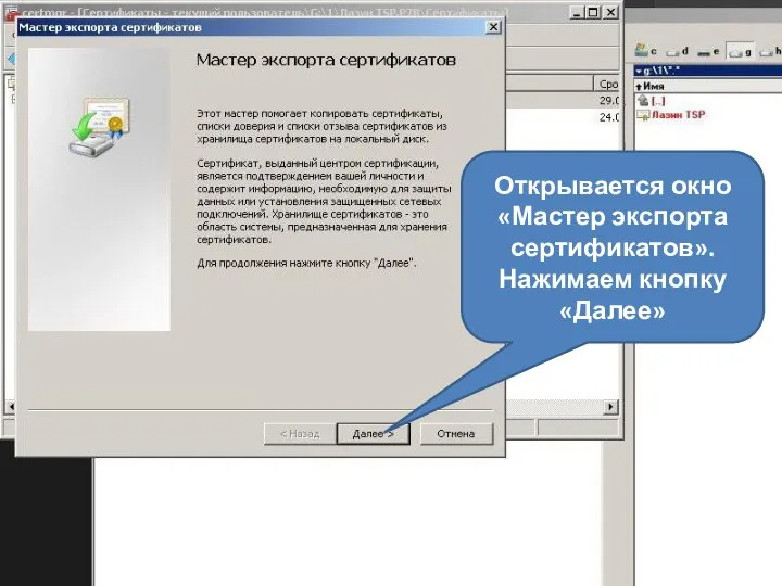 Открывается окно «Мастер экспорта сертификатов». Нажимаем кнопку «Далее»