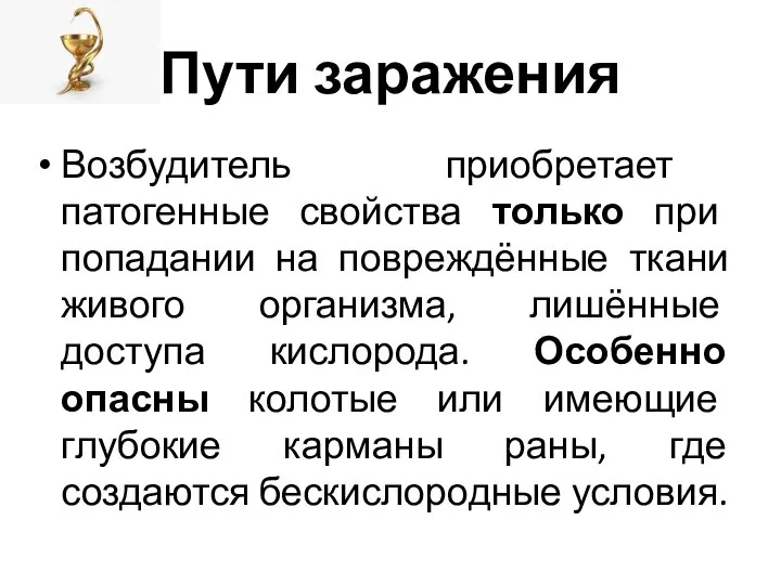 Пути заражения Возбудитель приобретает патогенные свойства только при попадании на повреждённые ткани