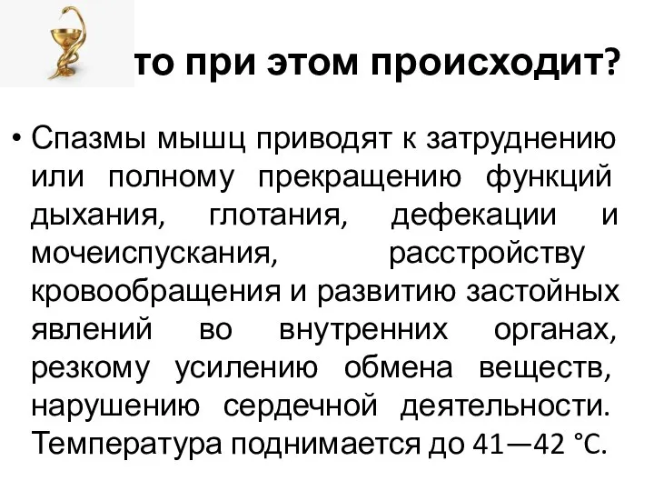 Что при этом происходит? Спазмы мышц приводят к затруднению или полному прекращению