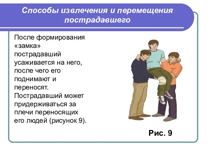 После формирования «замка» пострадавший усаживается на него, после чего его поднимают и