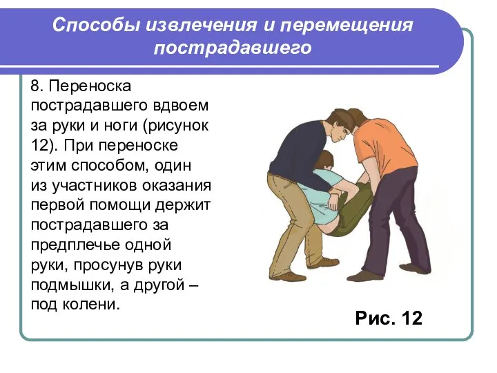 8. Переноска пострадавшего вдвоем за руки и ноги (рисунок 12). При переноске