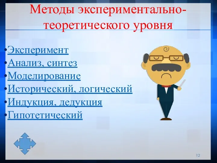 Эксперимент Анализ, синтез Моделирование Исторический, логический Индукция, дедукция Гипотетический Методы экспериментально-теоретического уровня