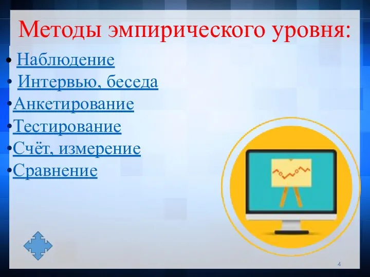 Наблюдение Интервью, беседа Анкетирование Тестирование Счёт, измерение Сравнение Методы эмпирического уровня: