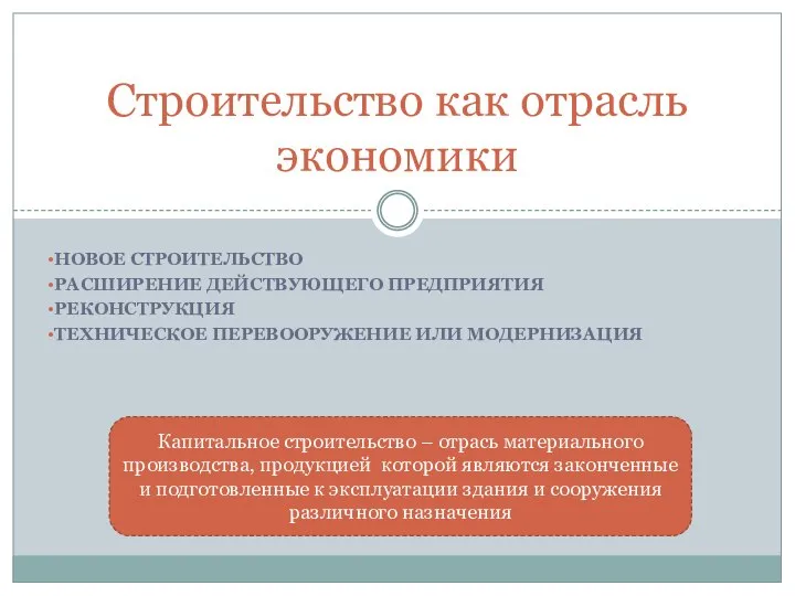 НОВОЕ СТРОИТЕЛЬСТВО РАСШИРЕНИЕ ДЕЙСТВУЮЩЕГО ПРЕДПРИЯТИЯ РЕКОНСТРУКЦИЯ ТЕХНИЧЕСКОЕ ПЕРЕВООРУЖЕНИЕ ИЛИ МОДЕРНИЗАЦИЯ Строительство как