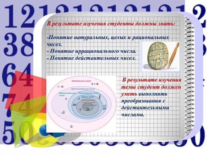 В результате изучения темы студент должен уметь выполнять преобразования с действительными числами.