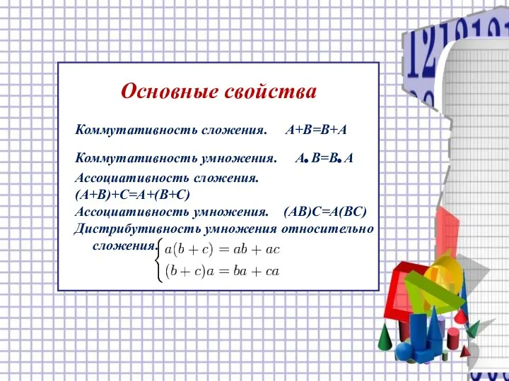 Основные свойства Коммутативность сложения. A+B=B+A Коммутативность умножения. A.B=B.A Ассоциативность сложения. (A+B)+C=A+(B+C) Ассоциативность