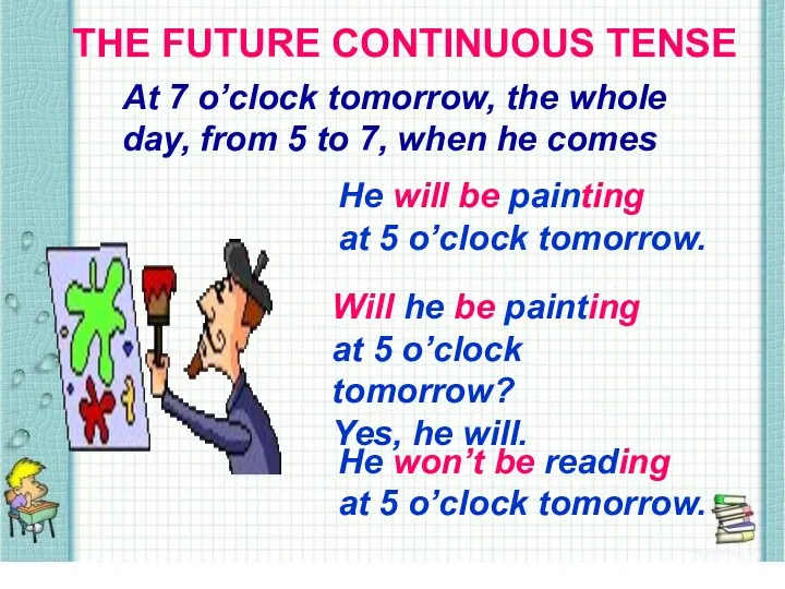 THE FUTURE CONTINUOUS TENSE At 7 o’clock tomorrow, the whole day, from