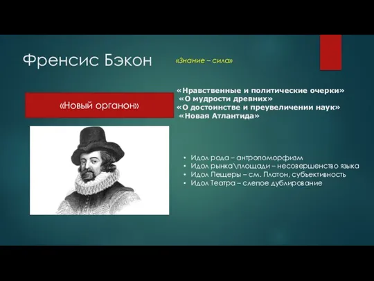 Френсис Бэкон «Новый органон» «Нравственные и политические очерки» «О мудрости древних» «О