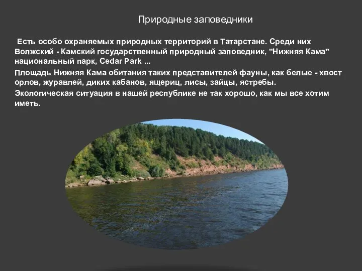 Есть особо охраняемых природных территорий в Татарстане. Среди них Волжский - Камский