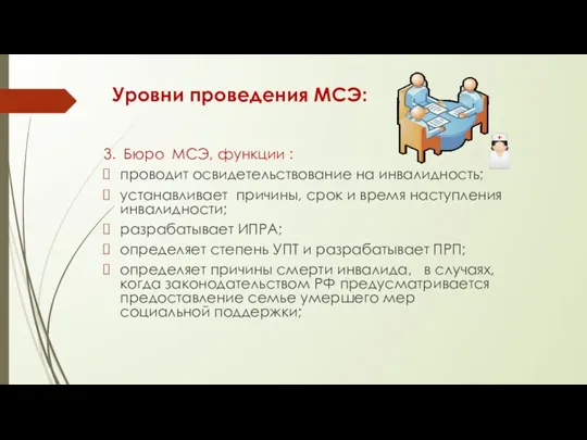 Уровни проведения MCЭ: 3. Бюро МСЭ, функции : проводит освидетельствование на инвалидность;